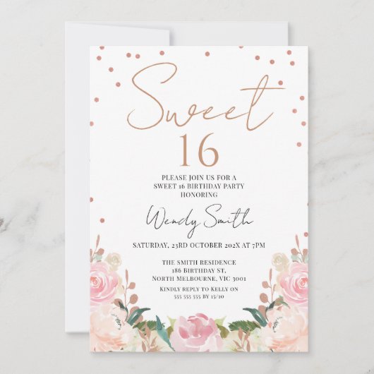 Invitation Blush Boho Floral Rose Gold Sweet 16 Anniversaire (Devant)
