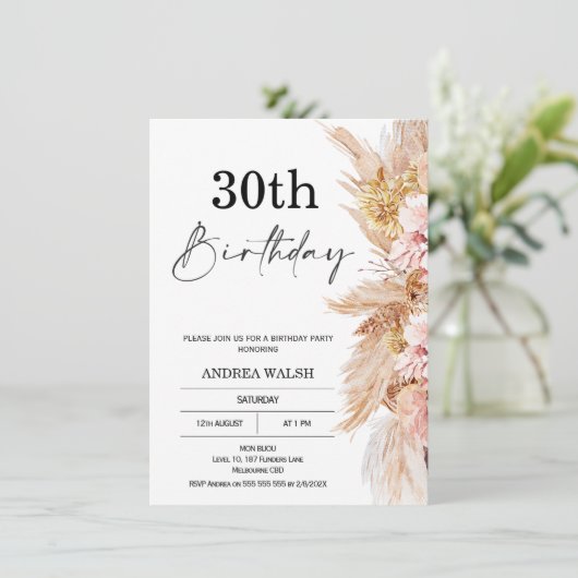 Invitation Blush Boho Pampas Grass 30e anniversaire Invitatio (Debout devant)