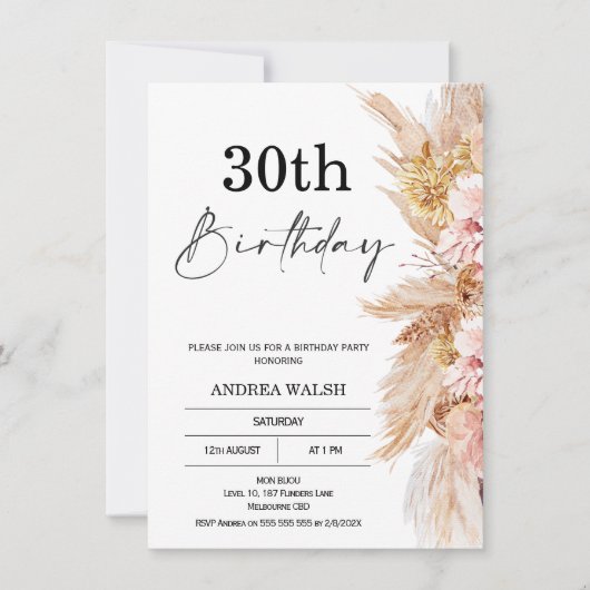 Invitation Blush Boho Pampas Grass 30e anniversaire Invitatio (Devant)