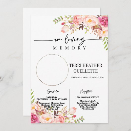 Invitation Blush Boho Photo Funeral Service (Devant / Derrière)