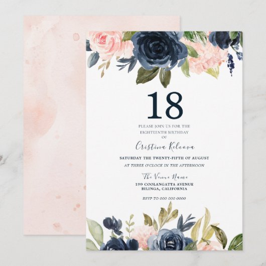 Invitation Blush botanique moderne et marine Floral 18e anniv (Devant / Derrière)