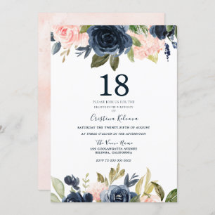 Invitation Blush botanique moderne et marine Floral 18e anniv