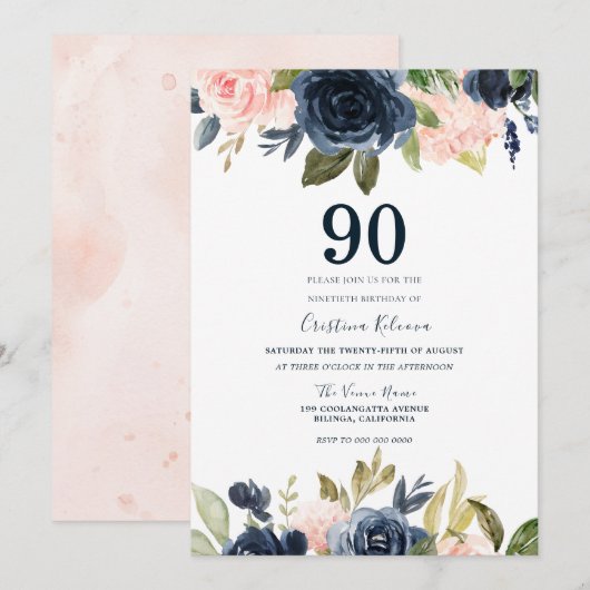 Invitation Blush botanique moderne et marine Floral 90e anniv (Devant / Derrière)