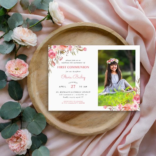 Invitation Blush Bouquet Floral Photo Première communion