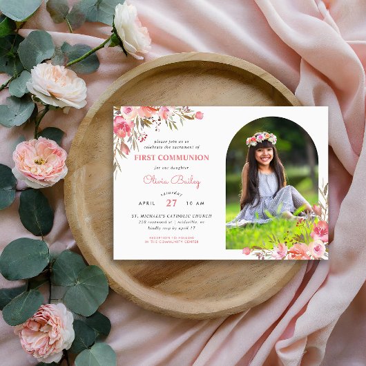 Invitation Blush Bouquet Floral Photo Première communion
