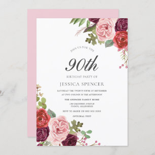 Invitation Blush & Bourgogne Floral 90e anniversaire Invitati