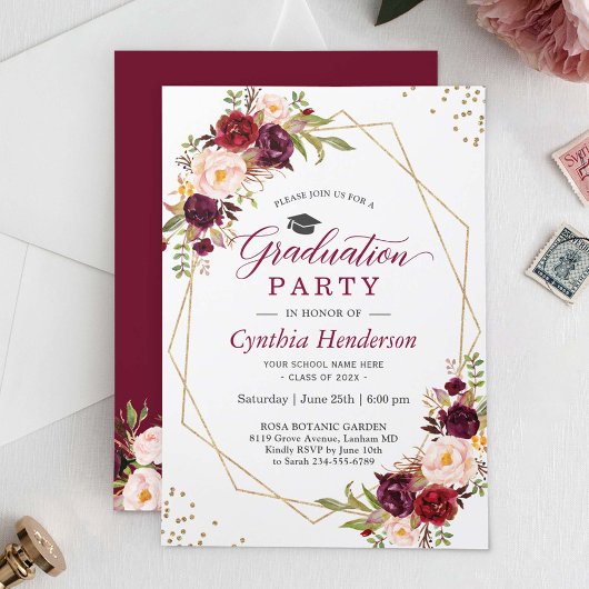 Invitation Blush Bourgogne Floral Gold Frame Party