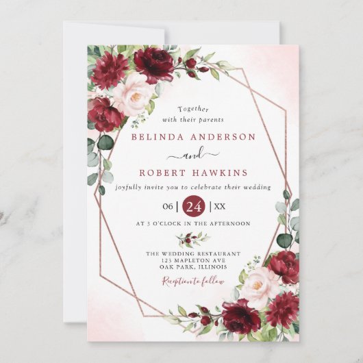 Invitation Blush Bourgogne Floral Moderne Mariage cadre or (Devant)