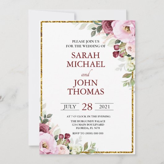 Invitation Blush Bourgogne Floral Moderne Mariage cadre or  (Devant)