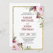Invitation Blush Bourgogne Floral Moderne Mariage cadre or  (Devant / Derrière)