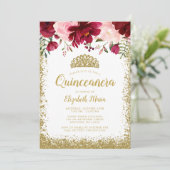Invitation Blush Bourgogne Floral Or Tiara Quinceanera (Debout devant)