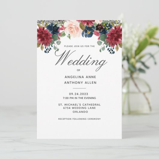 Invitation Blush Bourgogne Floral Rose Gold Accents Mariage (Debout devant)