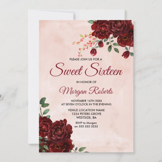Invitation Blush Bourgogne Rouge Rose Floral Sweet 16 Invitat (Devant)