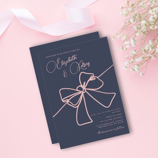 Invitation Blush Bow Élégance Chic Ardoise Bleue Mariage