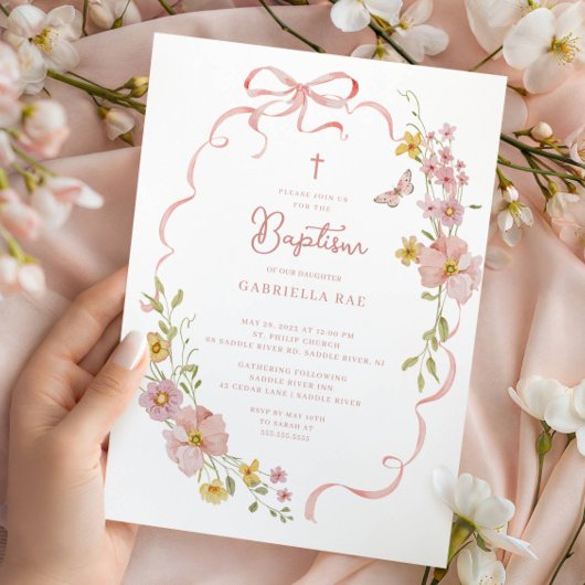 Invitation Blush Bow Floral Baptism