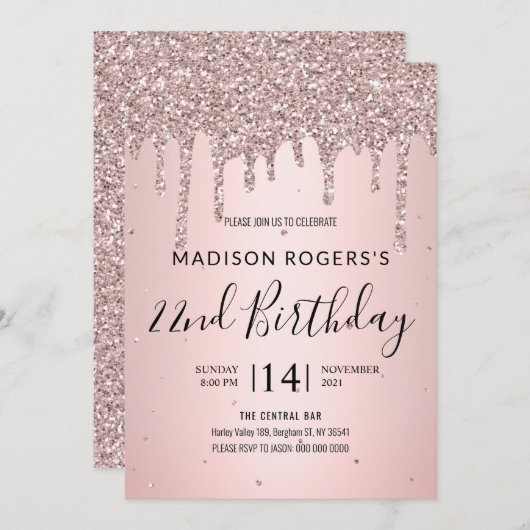 Invitation Blush bronze jeune fille parties scintillant (Devant / Derrière)