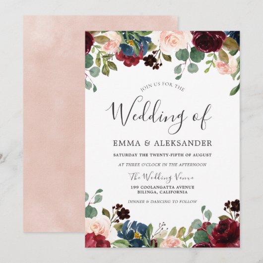 Invitation Blush & Burgundy Aquarelle Floral Wedding Invitati (Devant / Derrière)