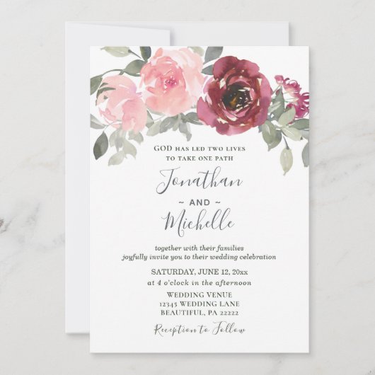 Invitation Blush Burgundy Argent Floral Mariage chrétien (Devant)