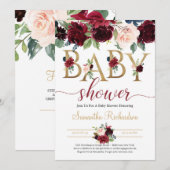 Invitation Blush Burgundy et Navy Floral Boho Baby shower (Devant / Derrière)