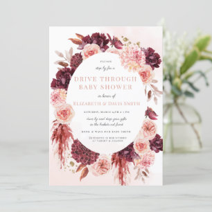 Invitation Blush Burgundy Floral Drive Par Girl Baby shower