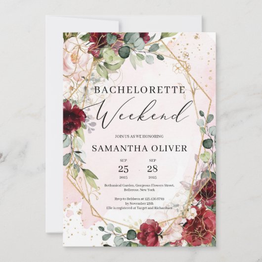 Invitation BLush burgundy floral or week-end bachelorette (Devant)
