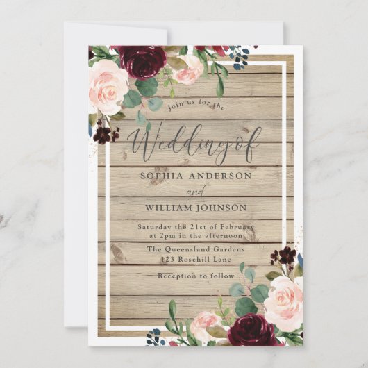 Invitation Blush & Burgundy Floral Rustic Spring Mariage de a (Devant)