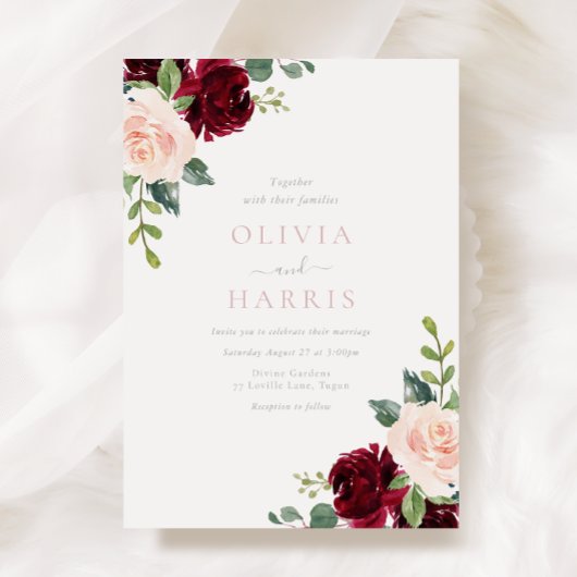 Invitation Blush & Burgundy Red Floral Elegance Mariage