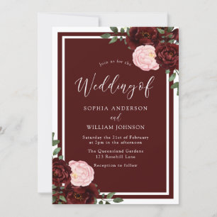 Invitation Blush & Burgundy Red Roses Élégant Mariage