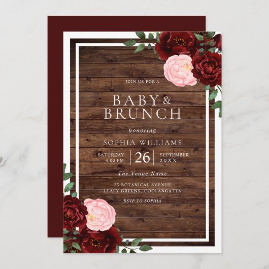Invitation Blush & Burgundy Red Roses Rustique Baby shower en (Devant / Derrière)
