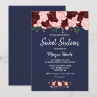 Blush Burgundy Rose Marine Bleu Sweet 16 Invitatio