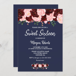 Invitation Blush Burgundy Rose Marine Bleu Sweet 16 Invitatio