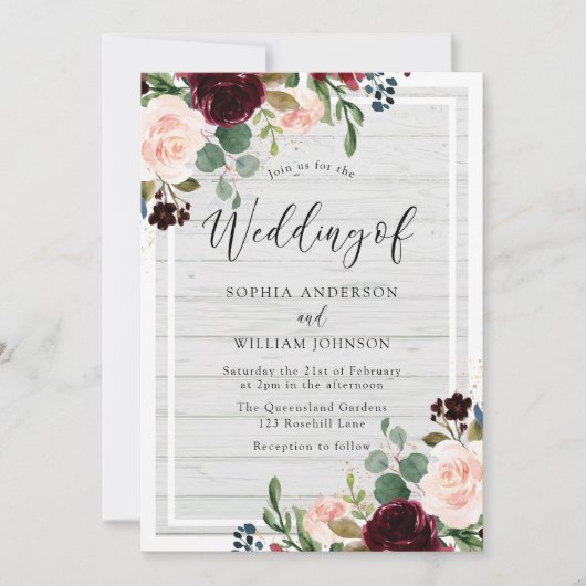 Invitation Blush & Burgundy Rustique Blanc Bois Mariage Flora (Devant)