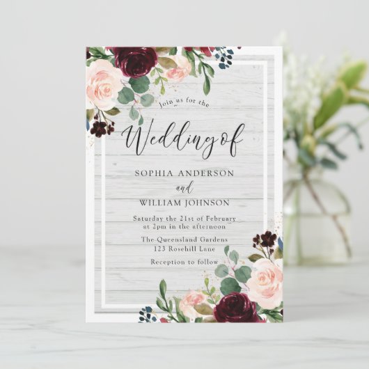 Invitation Blush & Burgundy Rustique Blanc Bois Mariage Flora (Debout devant)