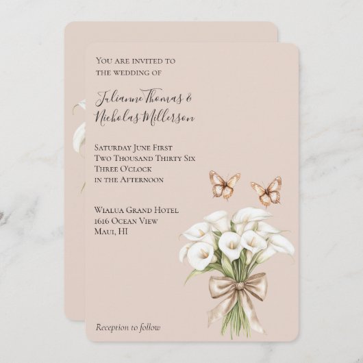 Invitation Blush Calla Lily Floral Papillons Mariage (Devant / Derrière)