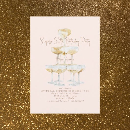 Invitation Blush Champagne Tower Surprise 50th Birthday Party