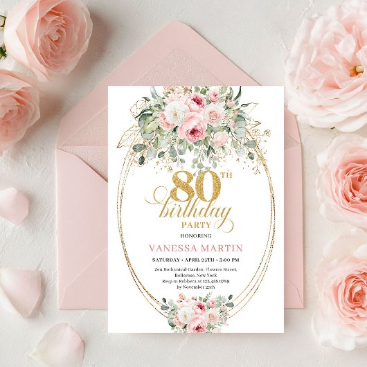 Invitation Blush Chic Floralité Dorée 80e Anniversaire