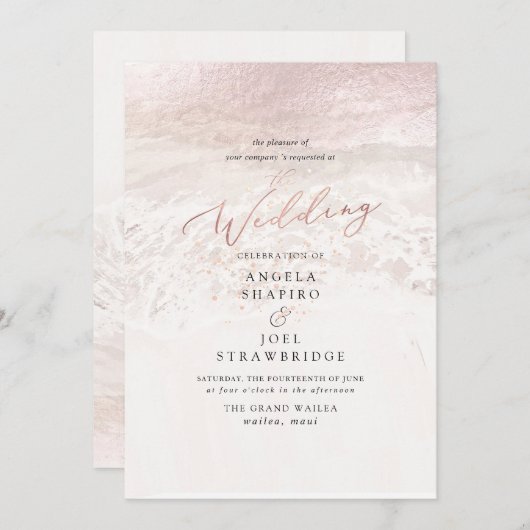 Invitation Blush Coastal+Champagne Bulles Mariage élégant (Devant / Derrière)