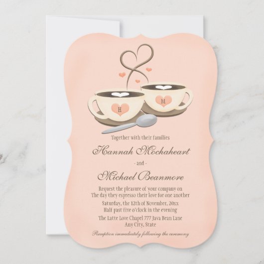 Invitation Blush Coeur Monogrammé Deux tasses de café Mariage (Devant)