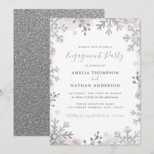 Invitation Blush de flocon de neige d'hiver Mariage Fiançaill (Devant / Derrière)