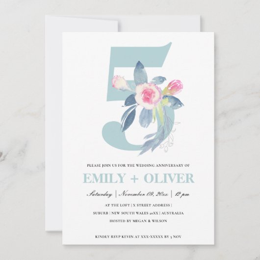 INVITATION BLUSH DOUX BLEU FLORAL 5ÈME ANNIVERSAIRE TOUTE ANN (Devant)
