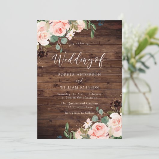 Invitation Blush Dreams : Blush Flowers Rustic Mariage (Debout devant)