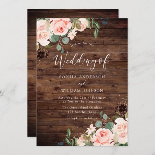 Invitation Blush Dreams : Blush Flowers Rustic Mariage (Devant / Derrière)