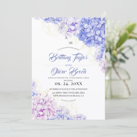 Invitation Blush Dusty and Navy Blue Hydrangea Wedding  (Debout devant)