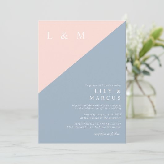 Invitation Blush Dusty Bleu Simple Mariage élégant Code QR (Debout devant)