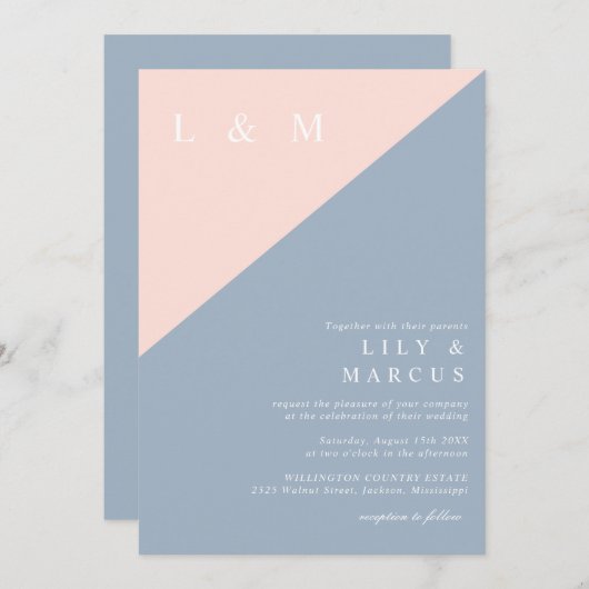 Invitation Blush Dusty Bleu Simple Mariage élégant Code QR (Devant / Derrière)