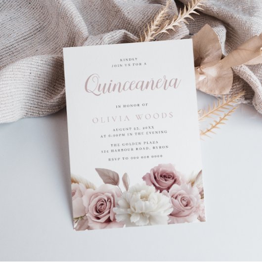 Invitation Blush & Dusty Rose Botanique Floral Quinceanera