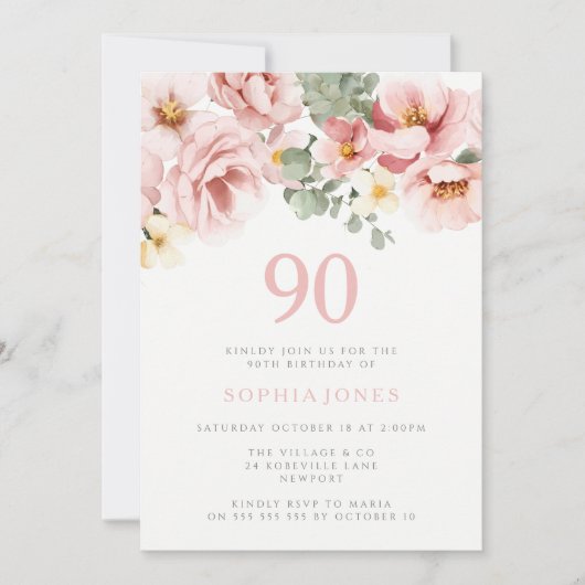 Invitation Blush Dusty Rose Floral 90h fête d'anniversaire (Devant)