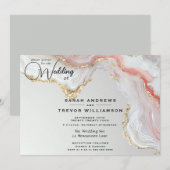 Invitation Blush Élégant et Encre Fluide Or Agate  (Devant / Derrière)