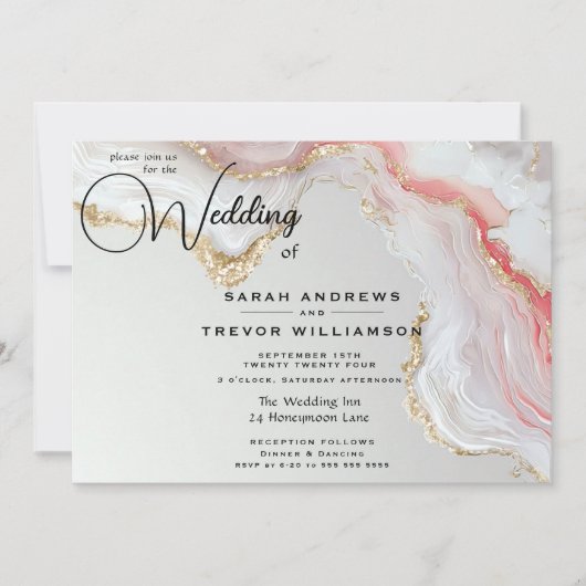 Invitation Blush Élégant et Encre Fluide Or Agate (Devant)
