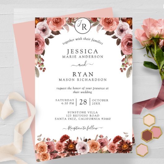 Invitation Blush et Bourgogne, Mariage Floral Monogram